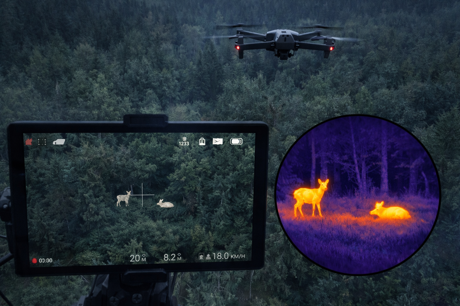 Dronefoto af et rådyr i skoven taget med termisk kamera